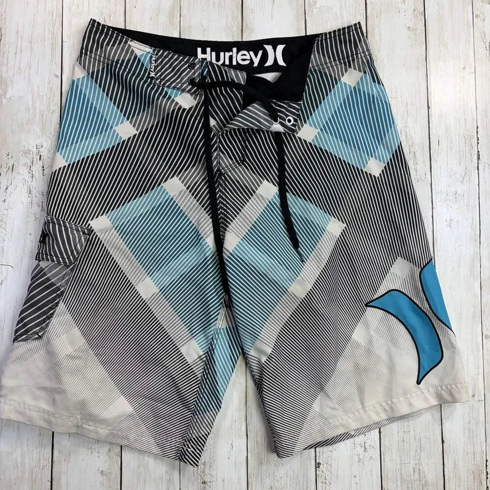 Y2K  Hurley Mens Board Shorts Medium Black Blue Geometric Print Surf Swim Trunks